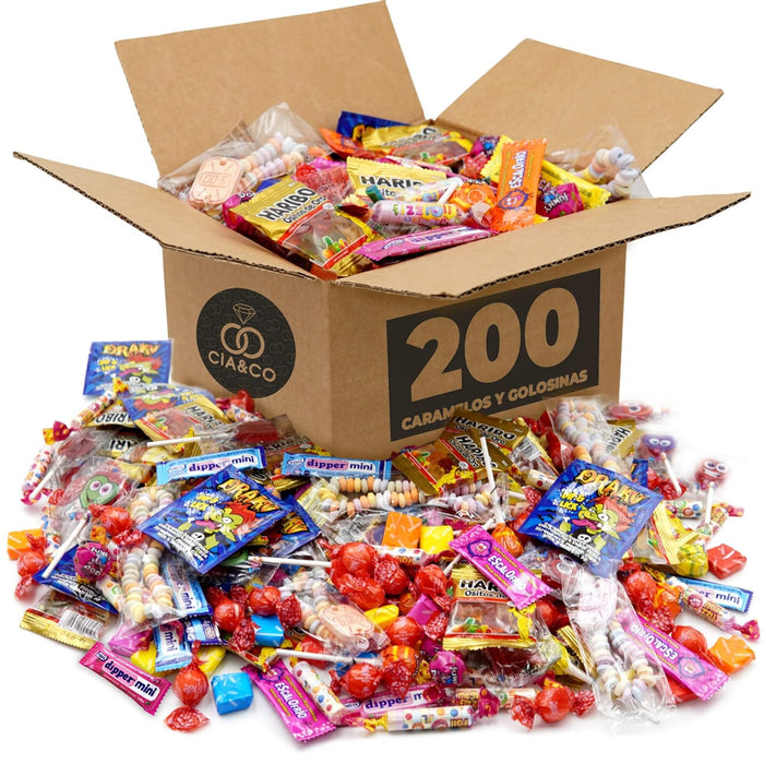 Mega Box de 200 Chuches, Caramelos y Golosinas de Cia&Co. Un maxi surtido para grandes fiestas, ideal para rellenar piñatas o preparar hasta 20 bolsas de cumpleaños. Cia&Co - detalle