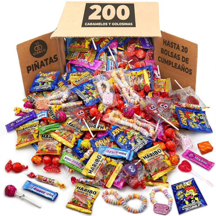 Mega Box de 200 Chuches, Caramelos y Golosinas de Cia&Co. Un maxi surtido para grandes fiestas, ideal para rellenar piñatas o preparar hasta 20 bolsas de cumpleaños. Cia&Co - frontal