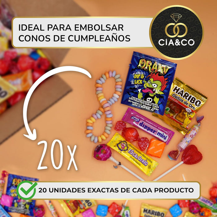 Mega Box de 200 Chuches, Caramelos y Golosinas de Cia&Co. Un maxi surtido para grandes fiestas, ideal para rellenar piñatas o preparar hasta 20 bolsas de cumpleaños. Cia&Co - ingredientes