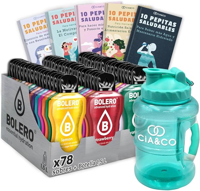 Mega Kit Bolero con 78 sabores variados, botella de 1.5L (Aguamarina) y 50 Pepitas Saludables Cia&Co. La colección definitiva para una hidratación total. Cia&Co - frontal