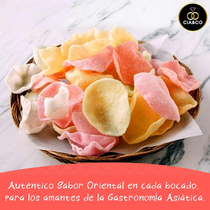 Obleas de Pan de Gambas de Colores para Freír Cia&Co, pack de 3 cajas (600g). Un aperitivo crujiente, sabroso y divertido para dar un toque festivo a tu mesa. Cia&Co - ingredientes