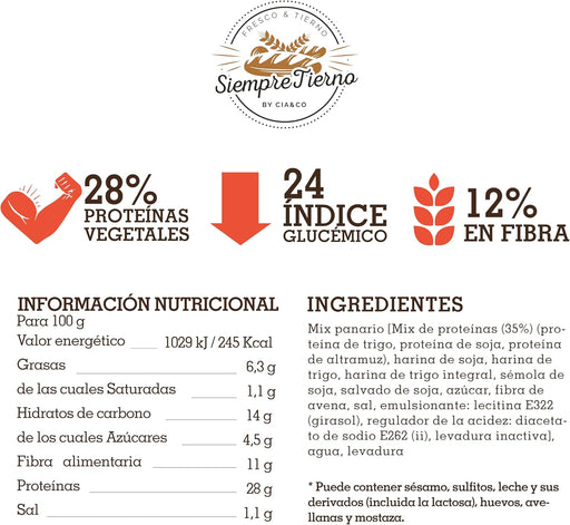 Pack 10 Panecillos Proteicos SiempreTierno (800g), por Cia&Co. Con 28% de proteína y bajos carbohidratos, ideal para dietas Keto. Larga duración de hasta 270 días. Cia&Co - pack