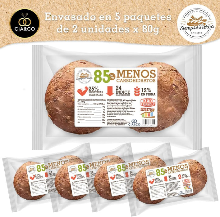 Pack 10 Panecillos Proteicos SiempreTierno (800g), por Cia&Co. Con 28% de proteína y bajos carbohidratos, ideal para dietas Keto. Larga duración de hasta 270 días. Cia&Co - presentacion