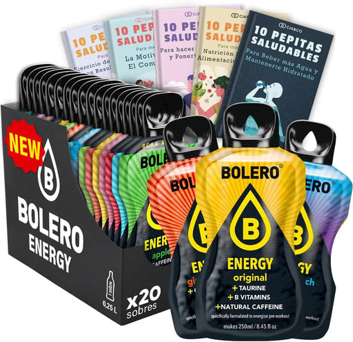 Pack 20 Sobres Bolero ENERGY con sabores variados. Bebida energética en polvo sin azúcar con Taurina, Cafeína Natural y Vitaminas del grupo B. Incluye 50 Pepitas Saludables Cia&Co. Cia&Co - frontal