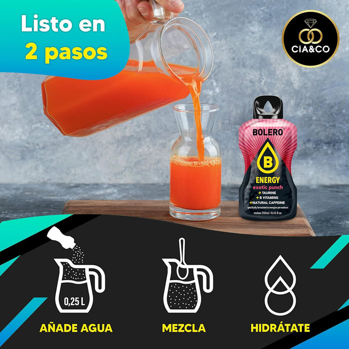 Pack 20 Sobres Bolero ENERGY con sabores variados. Bebida energética en polvo sin azúcar con Taurina, Cafeína Natural y Vitaminas del grupo B. Incluye 50 Pepitas Saludables Cia&Co. Cia&Co - uso