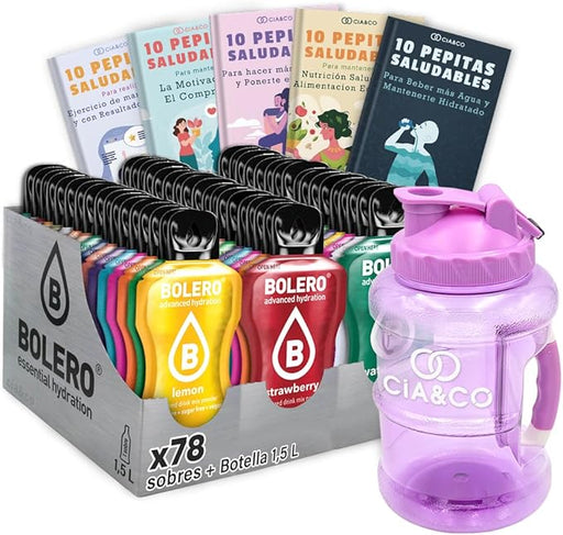 Pack 78 Sobres Bolero Sabores Variados (78x9g) con Botella Morada de 1.5L. Bebida instantánea sin azúcar, sin gluten y con Stevia. Incluye 50 Pepitas Saludables Cia&Co. Cia&Co - frontal