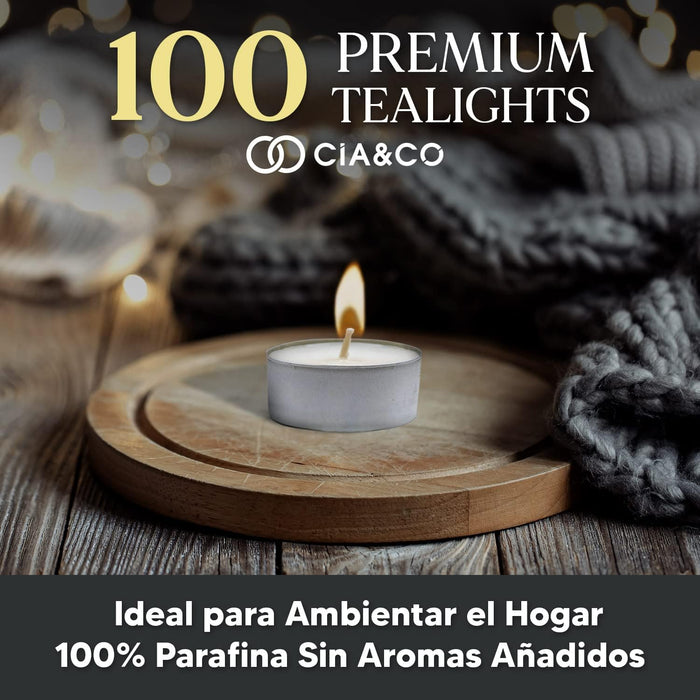 Pack Ahorro 100 Velas de Té Cia&Co Larga Duración +4 Horas. Velitas Blancas Redondas Sin Aroma 100% Parafina. Ideales para Decoración, Hostelería, Eventos y Hogar. Cia&Co - ingredientes
