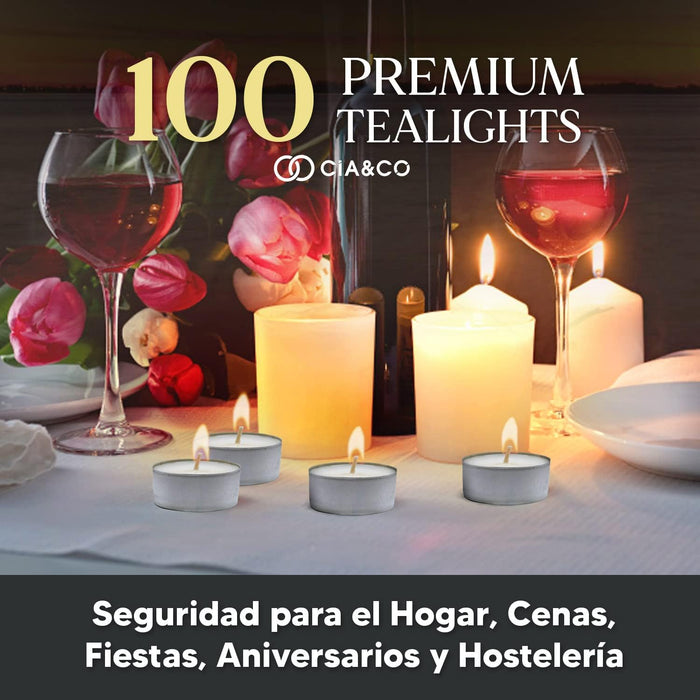 Pack Ahorro 100 Velas de Té Cia&Co Larga Duración +4 Horas. Velitas Blancas Redondas Sin Aroma 100% Parafina. Ideales para Decoración, Hostelería, Eventos y Hogar. Cia&Co - lateral