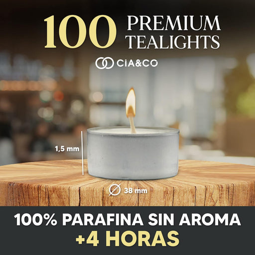 Pack Ahorro 100 Velas de Té Cia&Co Larga Duración +4 Horas. Velitas Blancas Redondas Sin Aroma 100% Parafina. Ideales para Decoración, Hostelería, Eventos y Hogar. Cia&Co - pack
