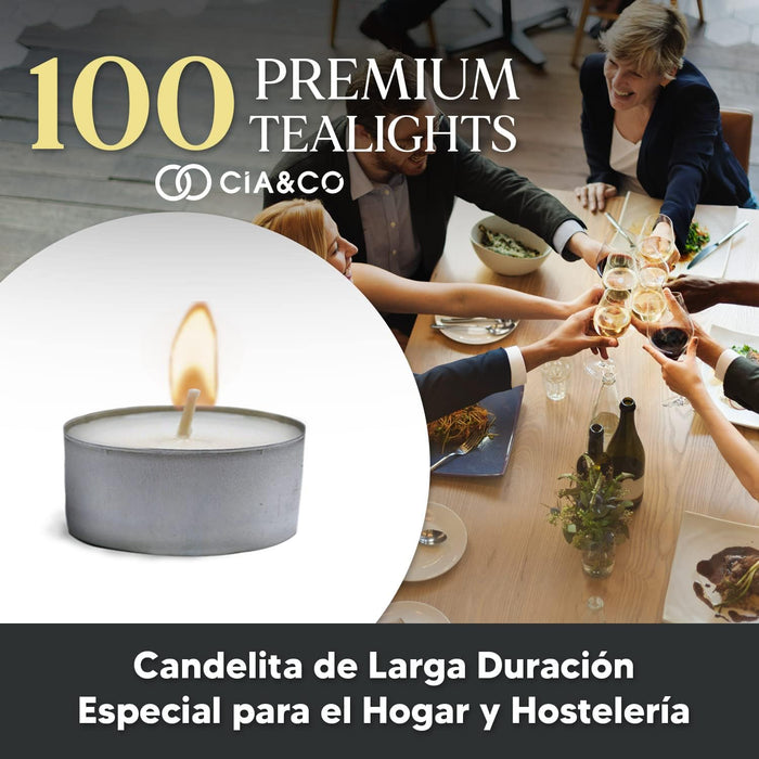 Pack Ahorro 100 Velas de Té Cia&Co Larga Duración +4 Horas. Velitas Blancas Redondas Sin Aroma 100% Parafina. Ideales para Decoración, Hostelería, Eventos y Hogar. Cia&Co - presentacion