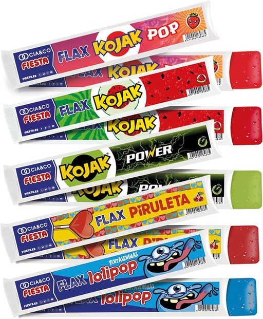 Pack Ahorro de 100 Flashes Sabor a Chuches de Cia&Co. Incluye 20 polines de cada uno de estos 5 sabores: Piruleta Cereza, Kojak Fresa, Kojak Sandía, Energy Drink y Pinta Lenguas. Cia&Co - frontal