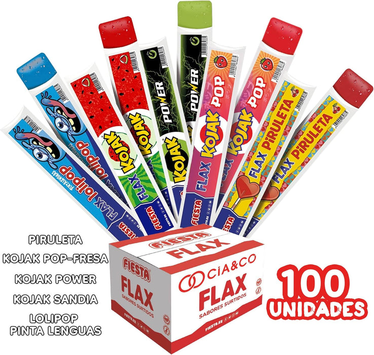 Pack Ahorro de 100 Flashes Sabor a Chuches de Cia&Co. Incluye 20 polines de cada uno de estos 5 sabores: Piruleta Cereza, Kojak Fresa, Kojak Sandía, Energy Drink y Pinta Lenguas. Cia&Co - ingredientes