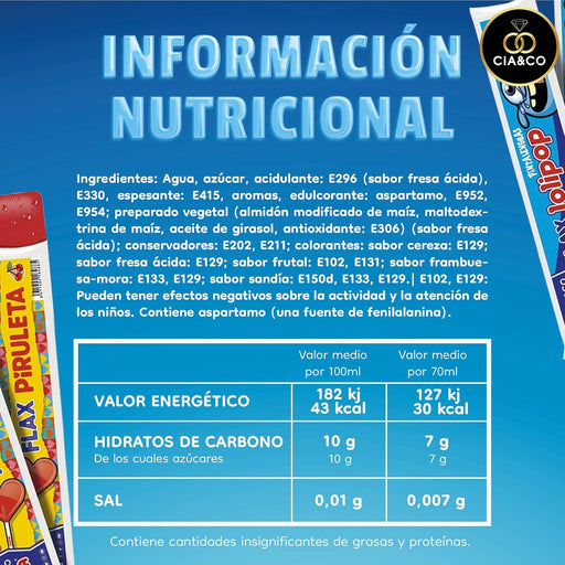 Pack Ahorro de 100 Flashes Sabor a Chuches de Cia&Co. Incluye 20 polines de cada uno de estos 5 sabores: Piruleta Cereza, Kojak Fresa, Kojak Sandía, Energy Drink y Pinta Lenguas. Cia&Co - pack