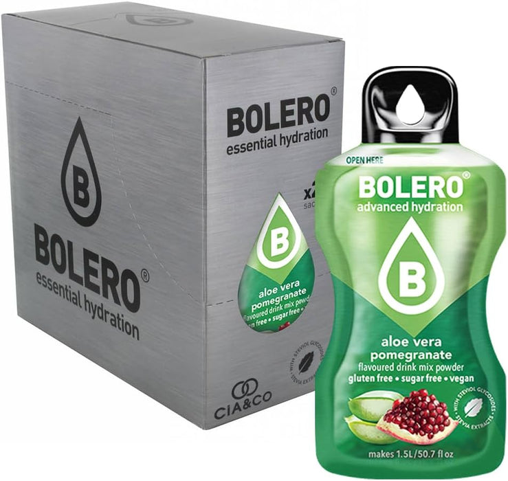 Pack ahorro de 24 sobres de Bebida Bolero sabor Aloe Vera y Granada, una hidratación exótica y saludable sin azúcar. Enriquecido con Vitamina C y Stevia natural. Cia&Co - extra