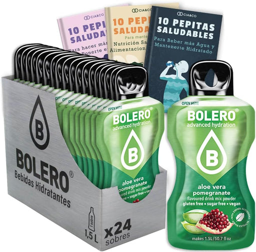 Pack ahorro de 24 sobres de Bebida Bolero sabor Aloe Vera y Granada, una hidratación exótica y saludable sin azúcar. Enriquecido con Vitamina C y Stevia natural. Cia&Co - frontal