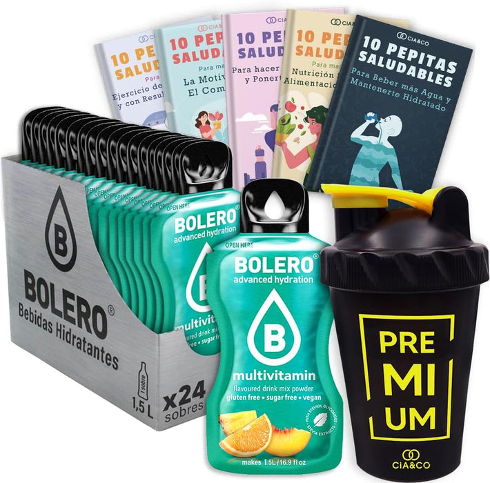 Pack Bolero Multivitaminas (24 sobres) con Botella Shaker: El kit completo para tu hidratación funcional, con sabor a frutas, sin azúcar y con un plus de vitaminas. Cia&Co - frontal