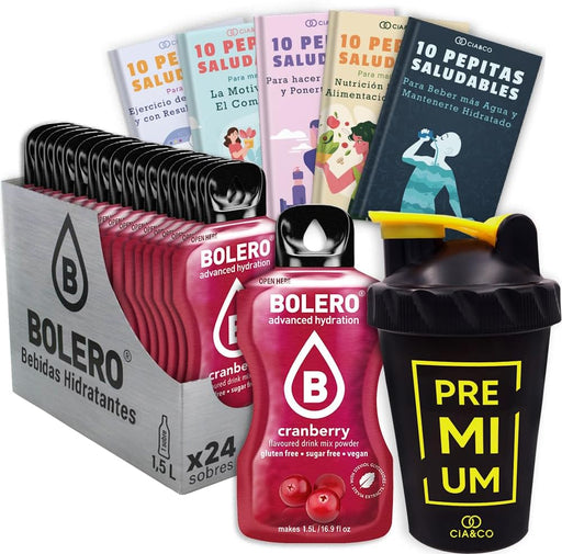 Pack Bolero Sabor Arándano Rojo (24 sobres) con Botella Shaker: El kit completo para disfrutar de una bebida sofisticada y sin azúcar donde quieras. Cia&Co - frontal