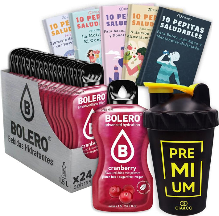 Pack Bolero Sabor Arándano Rojo (24 sobres) con Botella Shaker: El kit completo para disfrutar de una bebida sofisticada y sin azúcar donde quieras. Cia&Co - frontal
