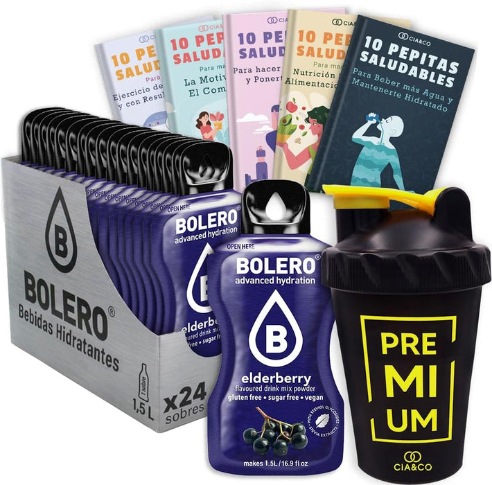 Pack Bolero Sabor Bayas de Saúco (24 sobres) con Botella Shaker: El kit completo para disfrutar de la bebida más sofisticada y sin azúcar donde quieras. Cia&Co - frontal