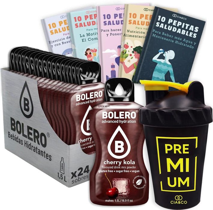 Pack Bolero Sabor Cereza Cola (24 sobres) con Botella Shaker: El kit todo en uno para disfrutar de tu refresco favorito sin azúcar donde y como quieras. Cia&Co - frontal