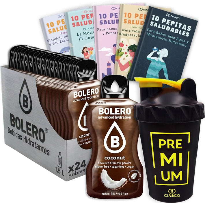 Pack Bolero Sabor Coco (24 sobres) con Botella Shaker Cia&Co: El kit definitivo para una hidratación tropical, saludable y sin azúcar, en cualquier lugar. Cia&Co - frontal