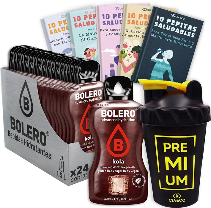 Pack Bolero Sabor Cola (24 sobres) con Botella Shaker Cia&Co: El kit todo en uno para disfrutar de tu refresco de cola sin azúcar en cualquier momento y lugar. Cia&Co - frontal