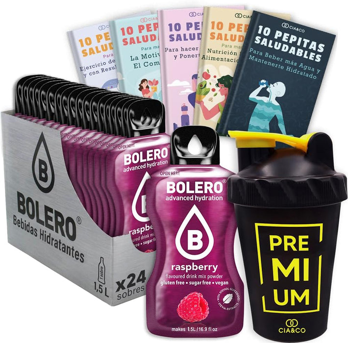 Pack Bolero Sabor Frambuesa (24 sobres) con Botella Shaker Cia&Co: El kit completo para disfrutar de tu bebida de frutos rojos sin azúcar, en casa o donde vayas. Cia&Co - frontal