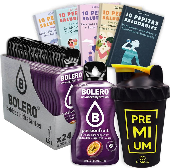 Pack Bolero Sabor Fruta de la Pasión (24 sobres) con Botella Shaker: El kit completo para disfrutar de tu bebida tropical sin azúcar en cualquier lugar. Cia&Co - frontal