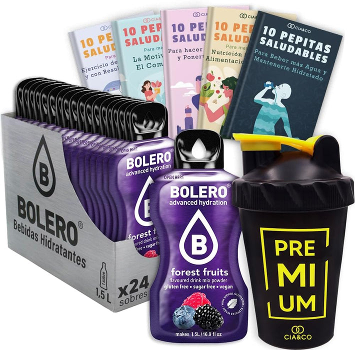 Pack Bolero Sabor Frutas del Bosque (24 sobres) con Botella Shaker: El kit completo para disfrutar de tu bebida de frutos rojos sin azúcar donde quieras. Cia&Co - frontal