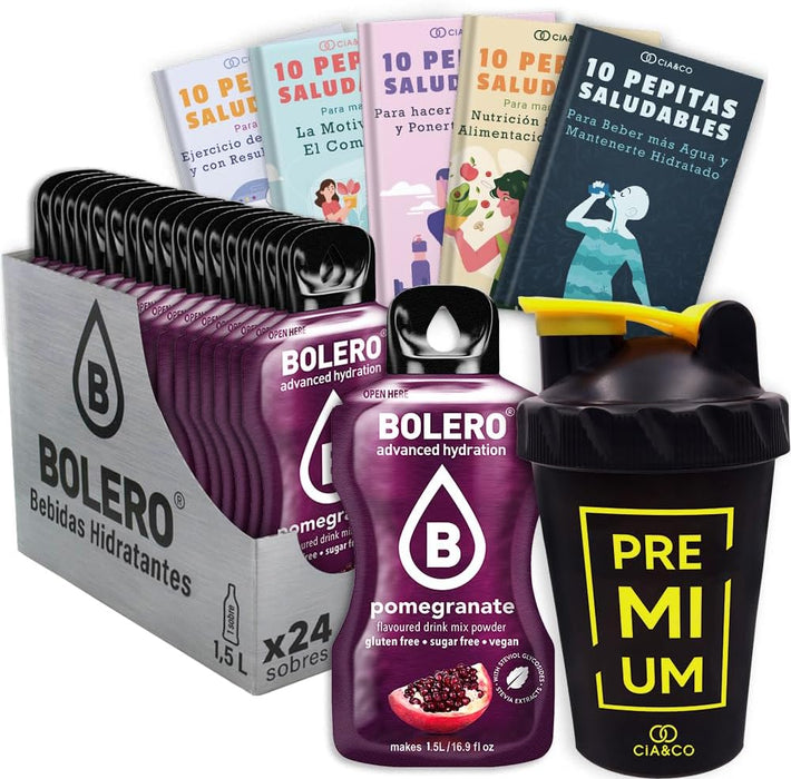 Pack Bolero Sabor Granada (24 sobres) con Botella Shaker: El kit completo para disfrutar de una bebida antioxidante y sin azúcar donde y cuando quieras. Cia&Co - frontal