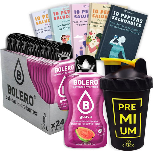 Pack Bolero Sabor Guayaba (24 sobres) con Botella Shaker Cia&Co: El kit todo en uno para disfrutar de tu refresco tropical sin azúcar, en casa o donde vayas. Cia&Co - frontal