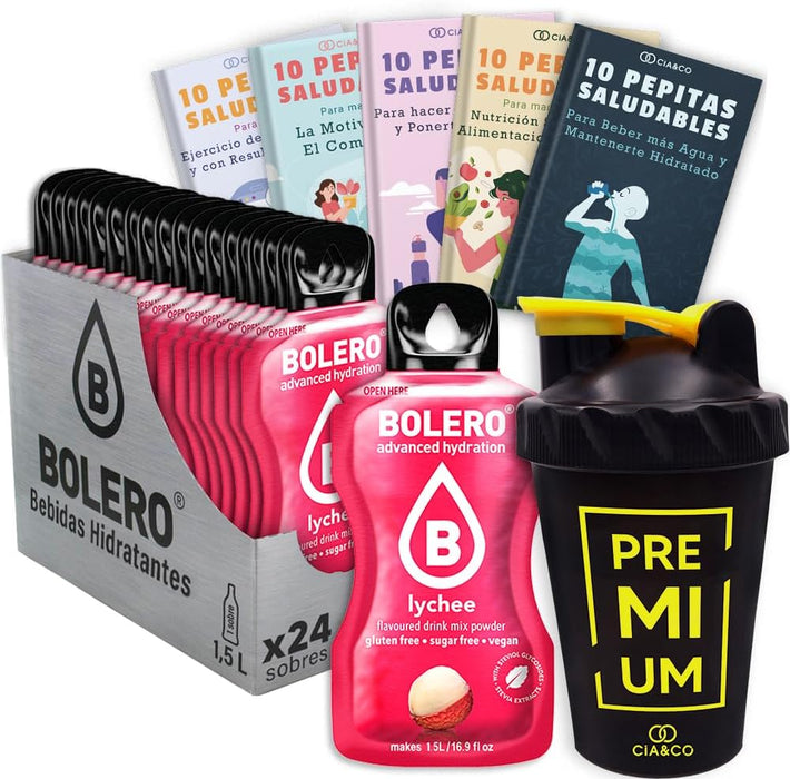Pack Bolero Sabor Lichi (24 sobres) con Botella Shaker Cia&Co: El kit completo para disfrutar de la bebida más exótica y sin azúcar donde y cuando quieras. Cia&Co - frontal