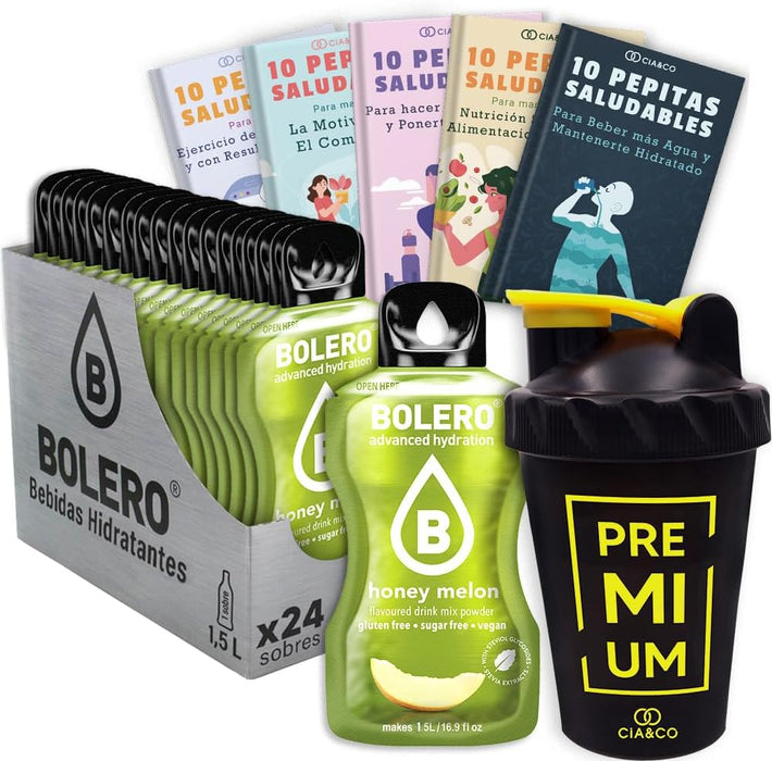 Pack Bolero Sabor Melón con Miel (24 sobres) con Botella Shaker: El kit completo para disfrutar de tu bebida veraniega sin azúcar donde y como quieras. Cia&Co - frontal
