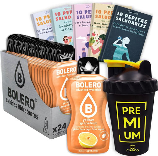 Pack Bolero Sabor Pomelo Amarillo (24 sobres) con Botella Shaker: El kit completo para tu refresco cítrico sin azúcar, listo para llevar a cualquier parte. Cia&Co - frontal