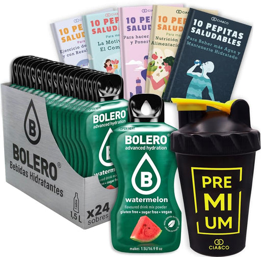 Pack Bolero Sabor Sandía (24 sobres) con Botella Shaker Cia&Co: El kit todo en uno para disfrutar del refresco más veraniego sin azúcar donde y cuando quieras. Cia&Co - frontal