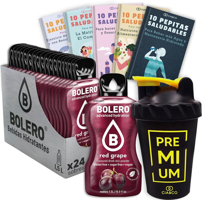 Pack Bolero Sabor Uva Roja (24 sobres) con Botella Shaker Cia&Co: El kit completo para disfrutar de tu refresco de uva sin azúcar en cualquier momento. Cia&Co - frontal