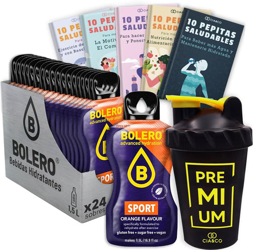 Pack Bolero Sport Naranja Isotónico (24 sobres) con Botella Shaker: El kit de hidratación definitivo para deportistas, sin azúcar y con sales minerales. Cia&Co - frontal