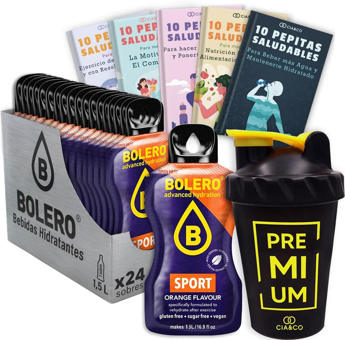 Pack Bolero Sport Naranja Isotónico (24 sobres) con Botella Shaker: El kit de hidratación definitivo para deportistas, sin azúcar y con sales minerales. Cia&Co - frontal