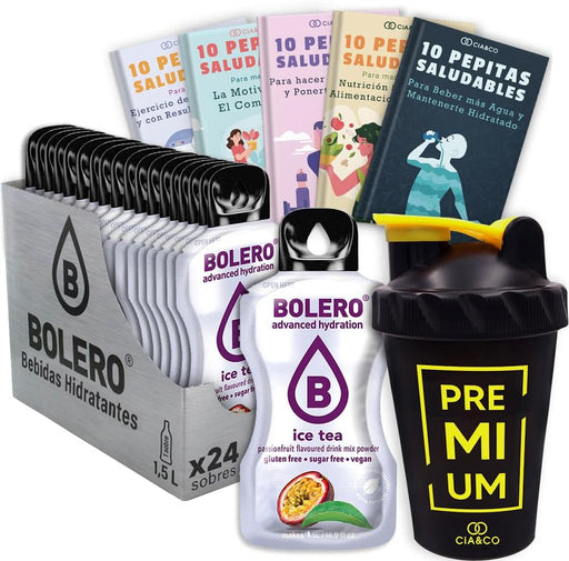 Pack Bolero Té Helado Fruta de la Pasión (24 sobres) con Botella Shaker: El kit completo para tu refresco exótico sin azúcar, listo para disfrutar donde quieras. Cia&Co - frontal