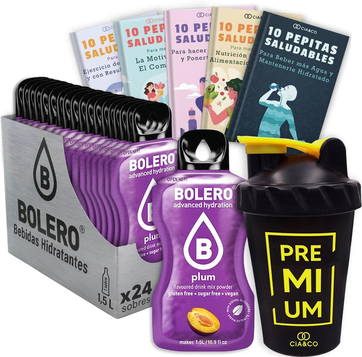 Pack Completo Bolero Ciruela: 24 sobres de 9g para una hidratación total sin azúcar. Incluye 50 Pepitas Saludables y una botella mezcladora shaker de 500ml Cia&Co. Cia&Co - frontal