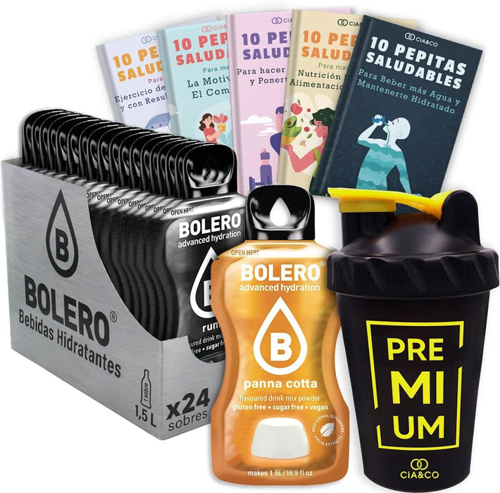 Pack completo con 24 sobres de Bolero sabor Panacota, 50 Pepitas Saludables y una botella shaker de 500 ml. Tu kit ideal para una hidratación deliciosa. Cia&Co - frontal