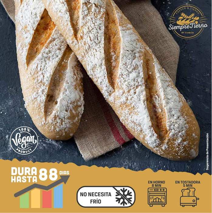 Pack de 12 Baguettes de Pan Precocido SiempreTierno (1.32kg), Pan de Larga Duración. Disfruta de pan recién hecho en minutos, tierno y crujiente, sin necesidad de frío o congelación. Cia&Co - detalle