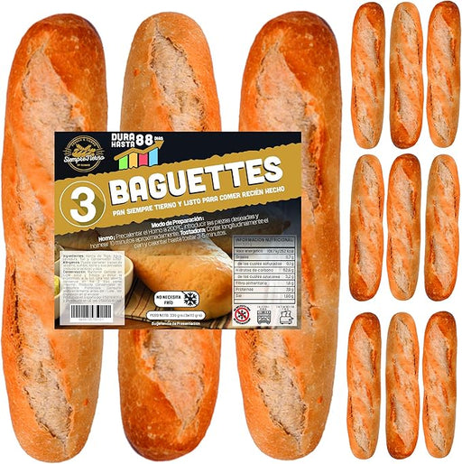 Pack de 12 Baguettes de Pan Precocido SiempreTierno (1.32kg), Pan de Larga Duración. Disfruta de pan recién hecho en minutos, tierno y crujiente, sin necesidad de frío o congelación. Cia&Co - frontal