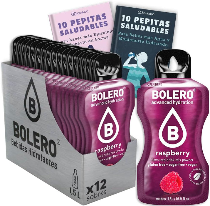 Pack de 12 Bebidas Bolero Sabor Frambuesa Sin Azúcar: La forma más fácil de disfrutar de un delicioso refresco de frutos rojos, con 20 Pepitas Saludables. Cia&Co - frontal