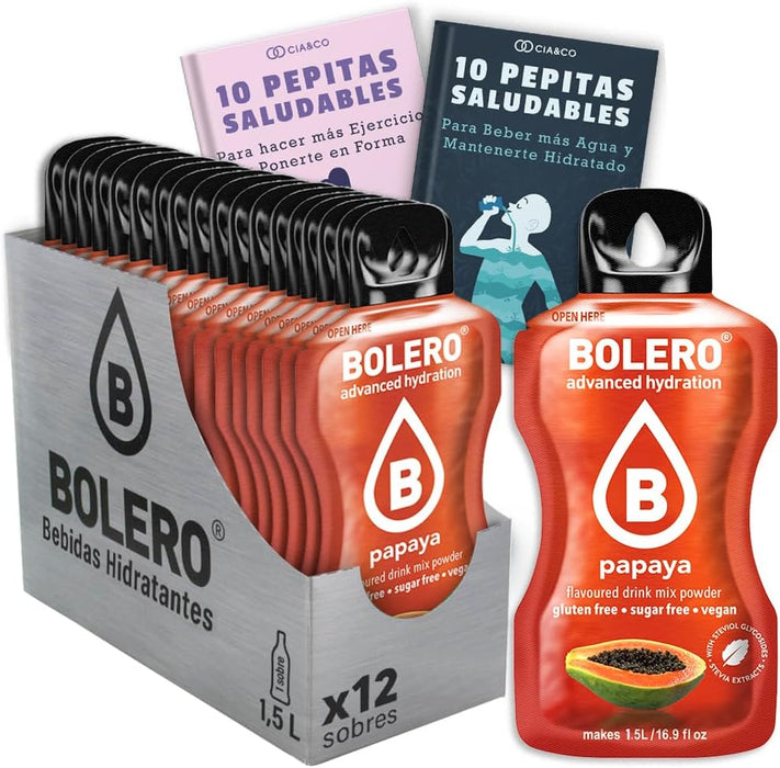 Pack de 12 Bebidas Bolero Sabor Papaya Sin Azúcar: Disfruta del sabor más tropical y exótico con 20 Pepitas Saludables Cia&Co de regalo para cuidarte. Cia&Co - frontal