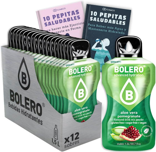 Pack de 12 sobres de Bebida Bolero sabor Aloe Vera y Granada. La forma más refrescante y exótica de hidratarte sin azúcar. Con Vitamina C y Stevia. Cia&Co - frontal