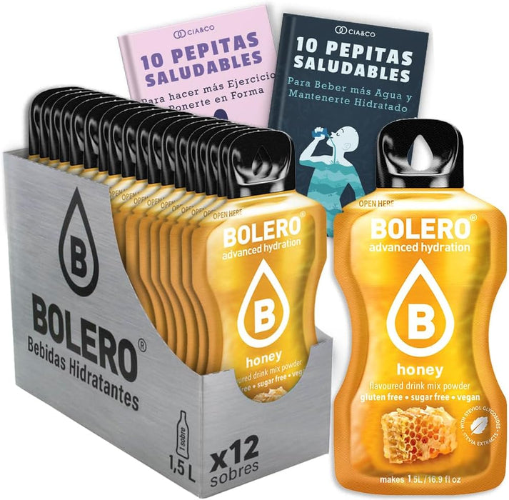 Pack de 12 sobres de bebida Bolero sabor Miel, sin azúcar y baja en calorías. Ideal para una hidratación saludable. Incluye 20 Pepitas Saludables de Cia&Co para potenciar tu bienestar. Cia&Co - frontal