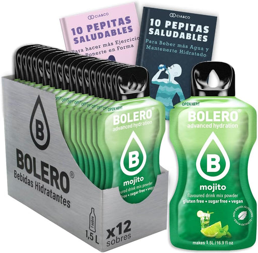 Pack de 12 sobres de Bebida Bolero sabor Mojito, una explosión refrescante sin azúcar. Ideal para hidratarte de forma saludable y deliciosa con Vitamina C. Cia&Co - frontal