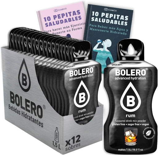 Pack de 12 sobres de Bebida Bolero sabor Ron, la forma más saludable de disfrutar de un sabor caribeño sin alcohol. Con Stevia y 20 Pepitas Saludables Cia&Co. Cia&Co - frontal