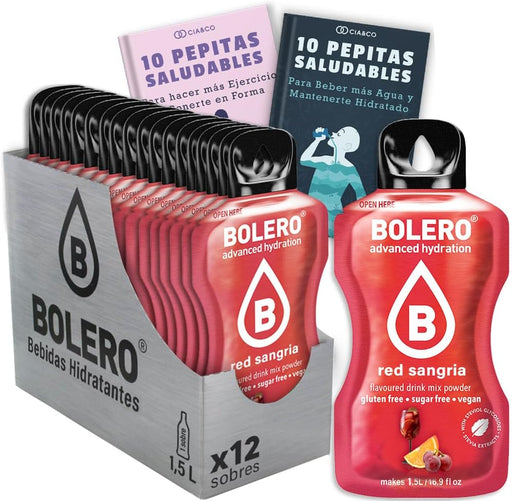 Pack de 12 sobres de Bebida Bolero sabor Sangría Roja, la opción ideal para una hidratación con sabor a fiesta, sin azúcar y con 20 Pepitas Saludables Cia&Co. Cia&Co - frontal